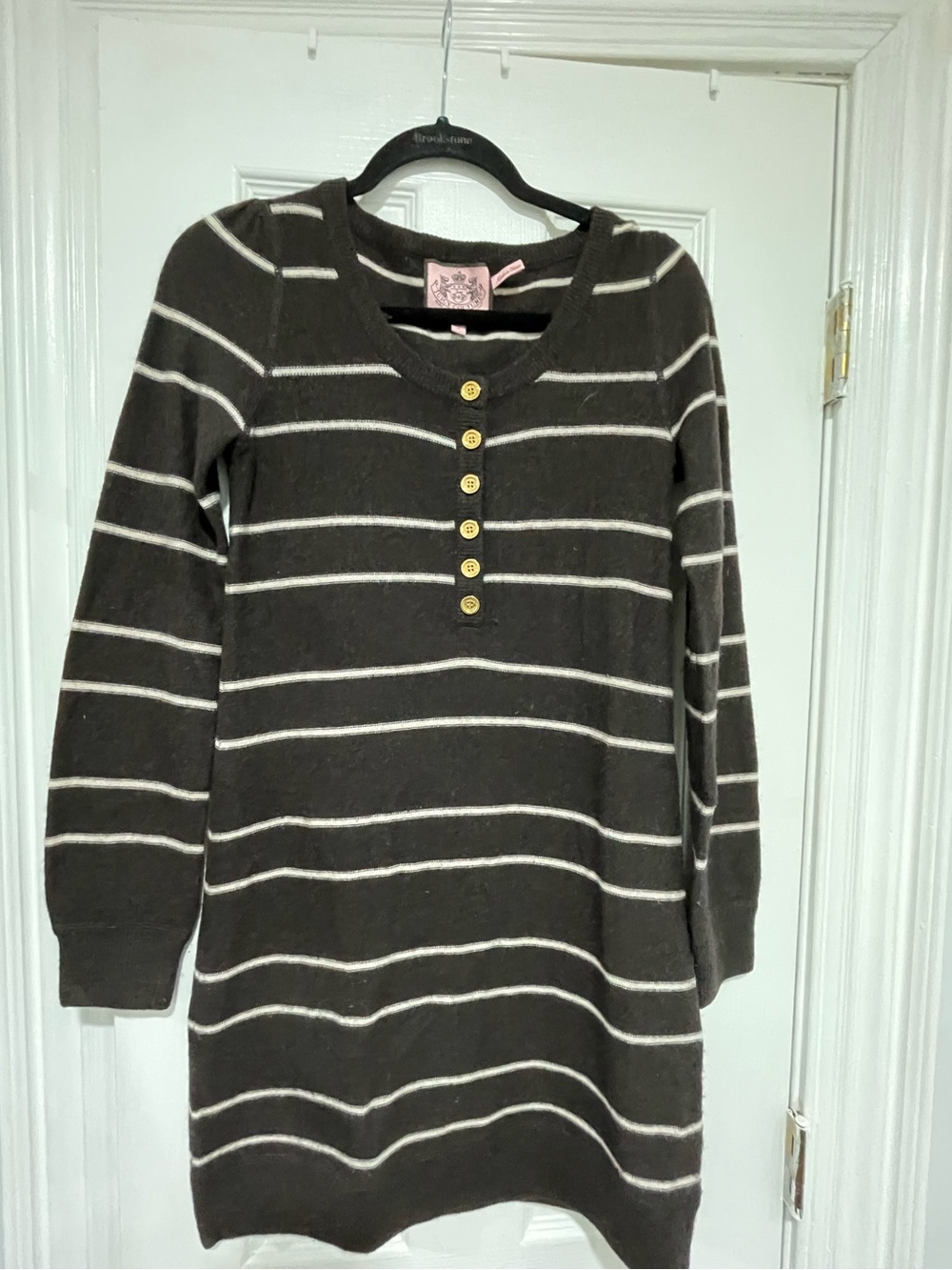 Juicy Couture Brown and Cream Striped Knit Dress with Gold Buttons